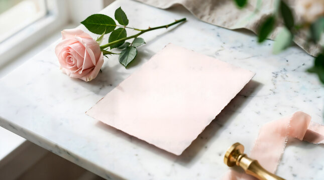 Blank greeting card on marble table with a single soft pink rose flower