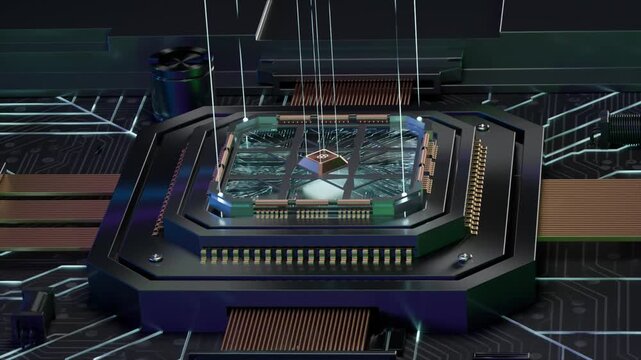  Futuristic high-tech semiconductor processor mounted on an advanced electronic circuit board, featuring a glowing central chip, intricate circuitry, copper connections and dramatic blue and cyan