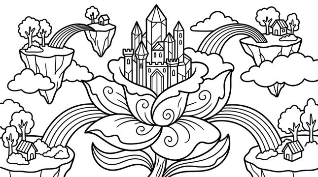 Magical crystal castle inside a large blooming flower coloring page with rainbows connecting to floating islands and small houses in the sky
