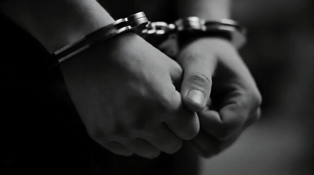A black-and-white close-up photo shows a person's hands cuffed together in steel handcuffs. 
