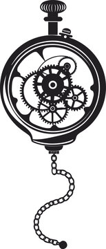 Vintage steampunk pocket watch vector illustration, antique clockwork mechanism with gears and cogs, black and white skeleton watch with chain