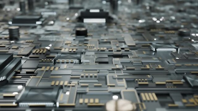 High-tech futuristic motherboard featuring processors, capacitors, intricate circuit pathways, and metallic electronic components in a sleek black, white, and gold design.