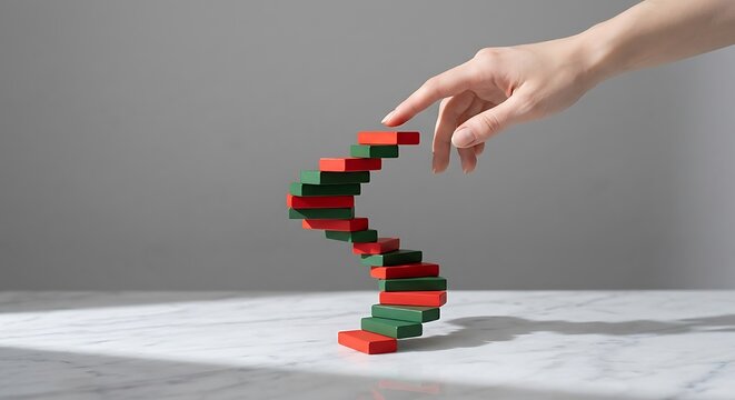 A hand gently touches a precarious tower constructed from alternating red and green rectangular blocks