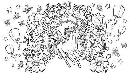 Fototapeta premium Pegasus flying through a floral archway with butterflies and paper lanterns, detailed line for coloring book page activity