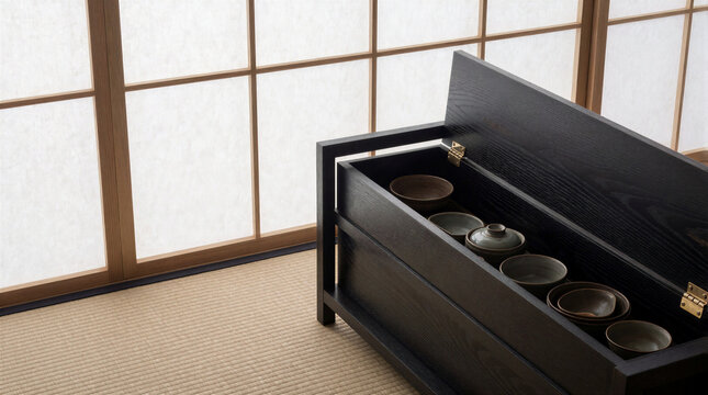 Soft diffused light illuminates a dark storage bench filled with ceramic bowls inside a minimalist Japanese tea room at noon