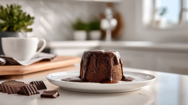 Molten chocolate pudding with glossy sauce for world chocolate day background and dessert banner design for culinary promotions