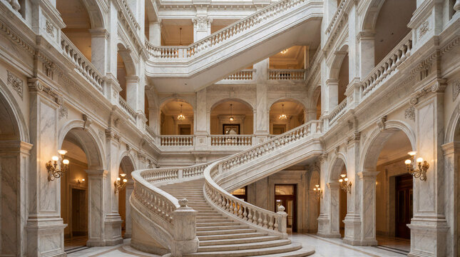 Classical hotel atrium featuring a grand marble staircase winding upward through six stories of ornate balustrades