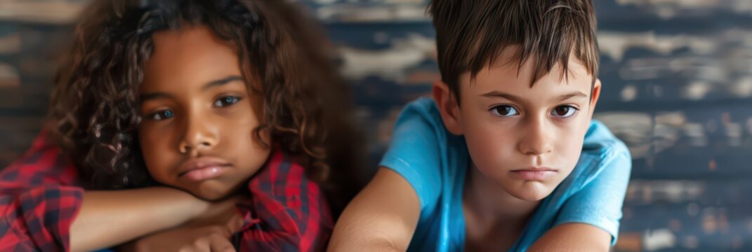 Two sad children sitting side by side looking upset for anti bullying awareness banner and mental health support background