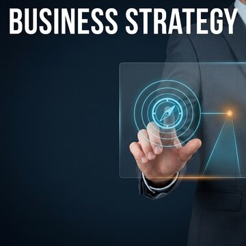 Business strategy concept with glowing light effect and hand interaction on a blue screen