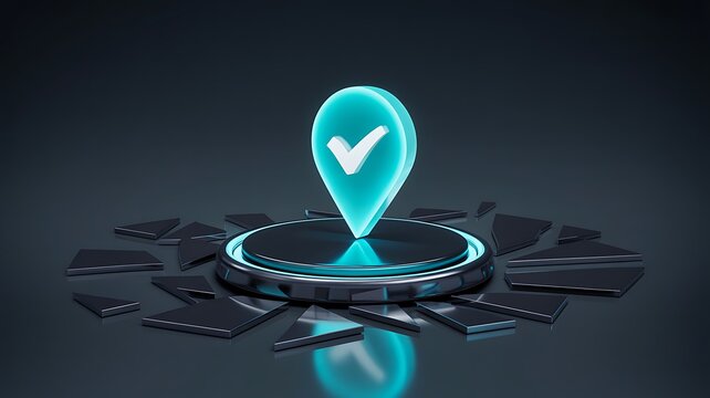 Digital location marker with check mark representing verified location, navigation and successful destination