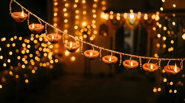 String of hanging traditional Indian oil lamps lit against a warm sunset sky during festival preparations.