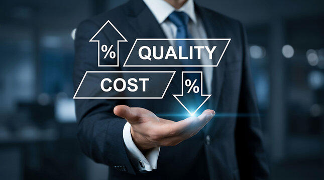 Businessman holding futuristic graphic showing high quality and low cost concept