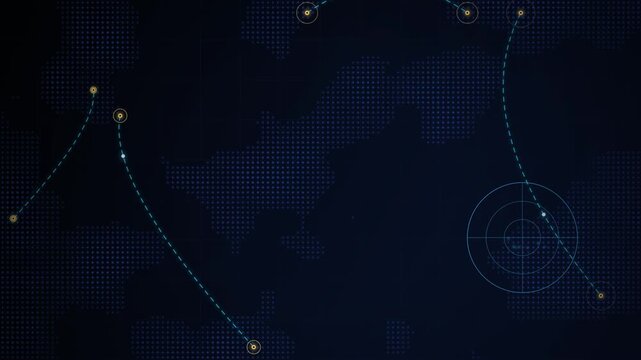 Midnight Blue World Map Four Travel Routes Flight Path Animation Seamless Loop 4K