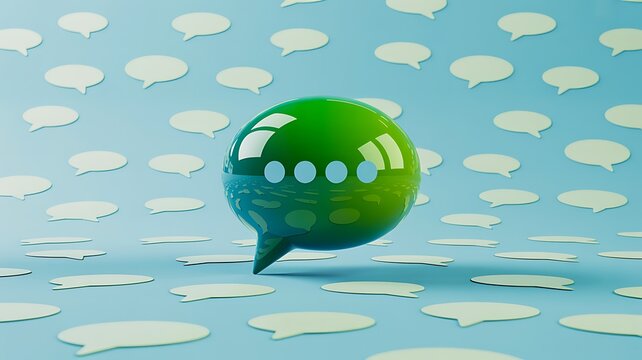 Green digital speech bubble floating among abstract communication symbols
