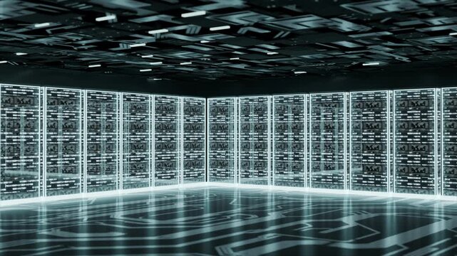 Futuristic data center featuring illuminated server racks on a circuit-inspired floor, representing cloud computing, data storage, networking, and advanced digital infrastructure.