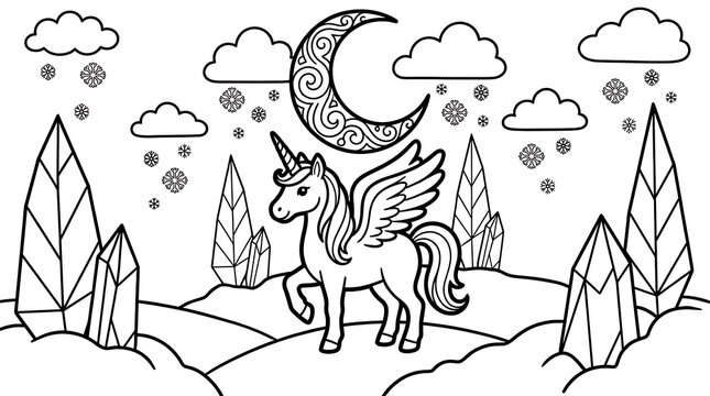 Winged unicorn standing in a winter landscape with crystal formations, a crescent moon, clouds, and snowflakes, black and white coloring page