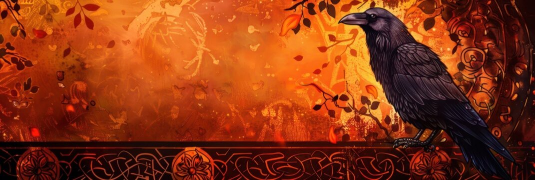 Horizontal samhain halloween banner with raven and celtic knotwork border for seasonal wallpaper and poster design. Horizontal banner. Copy space. Flat illustration