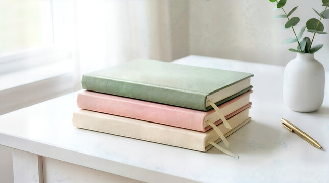 Stack of three textured notebooks on a white desk with pen and plant