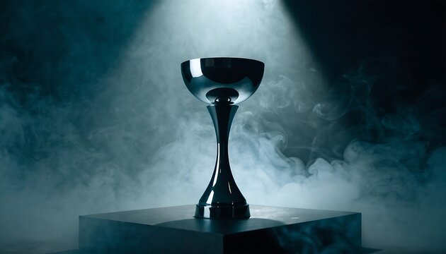 A shiny silver trophy cup standing on a podium illuminated by a dramatic spotlight in dark smoke