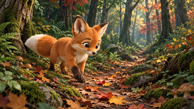 Cute fox cub walking on a forest path covered with colorful autumn leaves