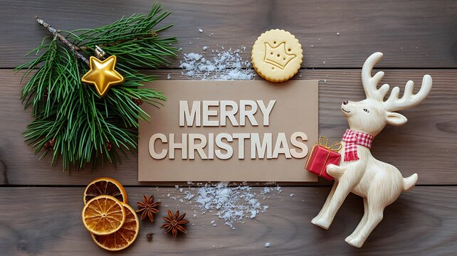 Merry Christmas arrangement with festive greenery, wooden sign, reindeer decoration and seasonal ornaments