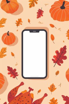 Smartphone mockup with blank screen surrounded by pumpkins leaves and roasted drumsticks for thanksgiving mobile wallpaper and promo design. Vertical banner. Copy space. Flat illustration