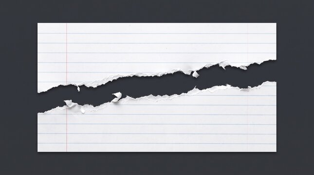 Torn lined notebook paper sheet ripped in half over dark background, ragged paper edges with blue lines and red margin for school stationery, message banner layout and text copy space mockup.