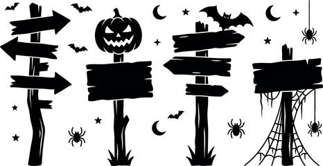 Set of halloween wooden signposts with pumpkin, bats, spiders and cobwebs © MD  POLAS