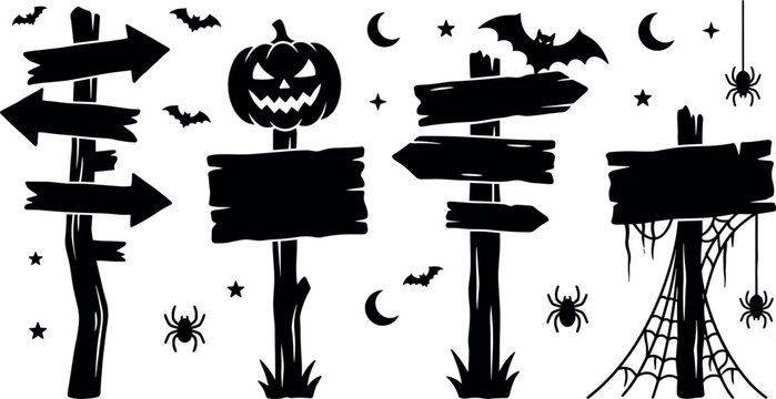 Set of halloween wooden signposts with pumpkin, bats, spiders and cobwebs
