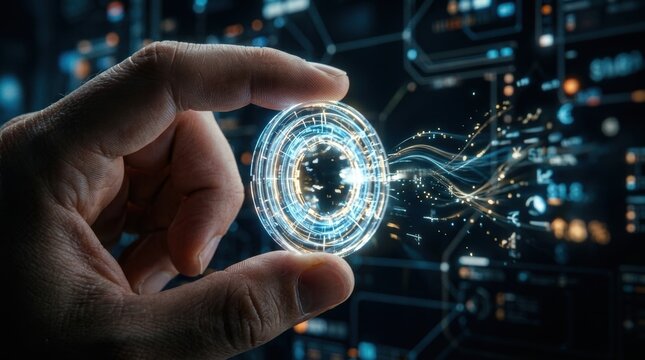 A close up view of a hand holding a glowing digital interface projection that connects to a complex data visualization background