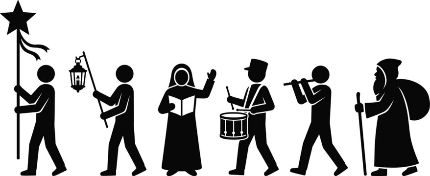 Christmas parade silhouette with people carrying a star, lantern, singing, playing drums and flute, and a wise man