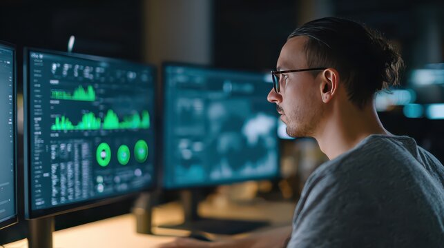 Cybersecurity analyst at multiple monitor workstation with green data dashboards for security operations background and monitoring center design