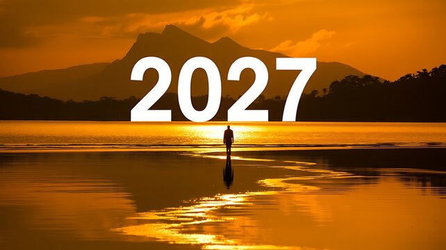 Sunset landscape with 2027 text representing a new year, future goals and fresh beginnings