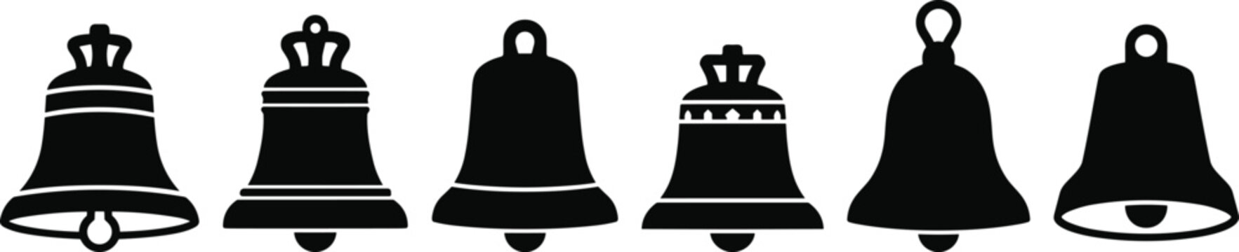 Set of black silhouettes of different bells