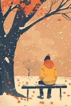 Seasonal depression awareness person on a park bench under maple tree in early snow with falling leaves for poster background and support campaign. Flat illustration. Copy space