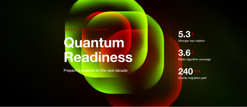 Abstract colorful shapes dominate image. Text highlights quantum readiness, systems preparation, performance metrics. Bright gradients create visual impact.