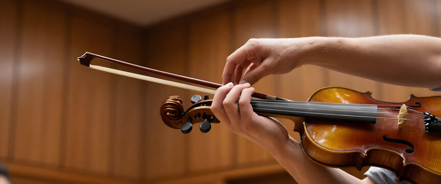 A hand holding a violin bow gently touches the strings of a vintage violin in a wooden-walled rehearsal room. Podcast cover for classical music practice and instrumental mastery.