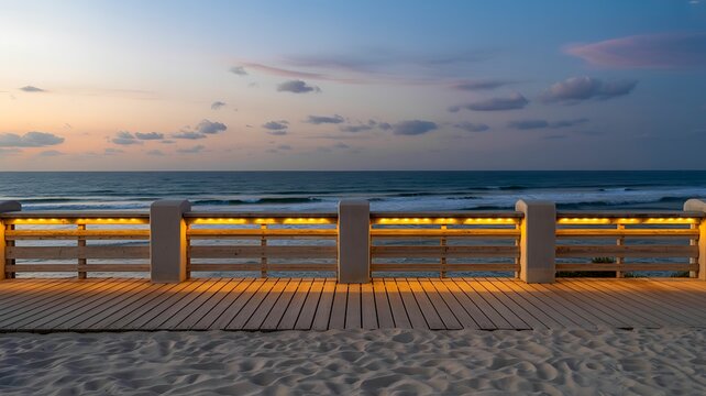 Peaceful seaside boardwalk with wooden railing, calm ocean and colorful sunset sky