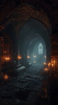 Dark Gothic Stone Interior With Glowing Candles