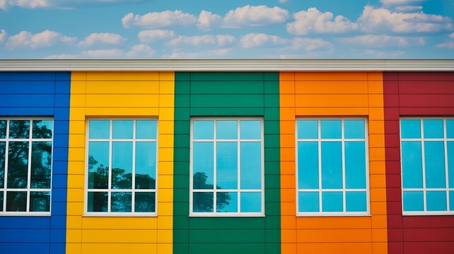 Colorful modern building facade with bright windows and vibrant geometric walls under a blue sky