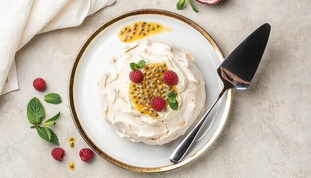 Flat lay of fresh berry Pavlova meringue cake with whipped cream on gilded porcelain plate.jpg