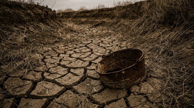 Dry cracked earth with rusty bucket in drought-stricken field illustrating agricultural crisis for environmental poster and background design