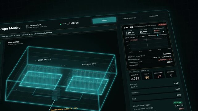 Energy Storage Dashboard, BESS Battery Monitor, Smart Grid SCADA UI, Industrial Tech HUD Panel, Telemetry Data Flow, Power Management System, Neon Cyberpunk Interface, Grid Control Screen