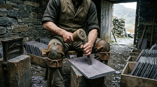 Stone mason working with slate piece using traditional wooden mallet and steel metal tool.