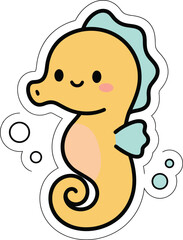 Cute Yellow Seahorse Vector Sticker Illustration Isolated on White Background, Kawaii Ocean Animal Character Clipart © Shah