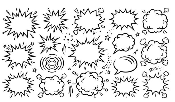 Hand Drawn Comic Explosion and Impact Burst Shapes Collection Vector Illustration