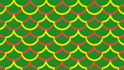 Fish scale scallop arc seamless vector pattern for sport jersey sublimation. Featuring repeating curved arc shells with double-line detail in yellow and coral red on vibrant tropical green. © raccoontail