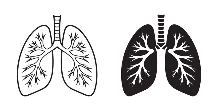Human lungs anatomy icons show respiratory system structure in outline and solid black silhouette styles.