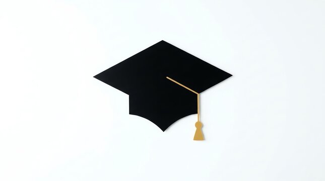 Black Graduation Cap with Gold Tassel on White Background