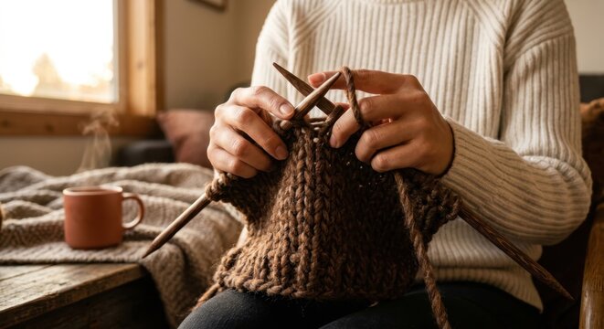 Close-up of a person's hands knitting with thick brown wool yarn and wooden needles in a cozy home setting, wearing a warm beige sweater with a steaming mug of tea in the soft background light.